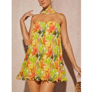 Pleated Tropical Print Mini Dress Tie Neck Short A-Line Flared Lined Chiffon